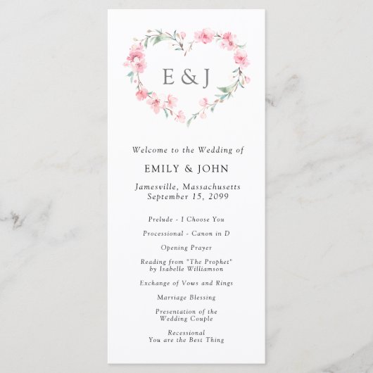 Cherry Blossom Heart Monogram Wedding Programm (Vorderseite)