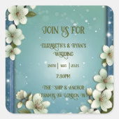 Cherry Blossom Hochzeitseinladung mit weichem Grün Quadratischer Aufkleber (Vorderseite)