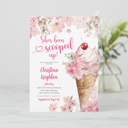 Cherry Blossom Ice Cream Scooper Brautparty Einladung (Stehend Vorderseite)