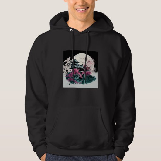 Cherry Blossom Japanese Castle with Moon and Water Hoodie (Vorderseite)