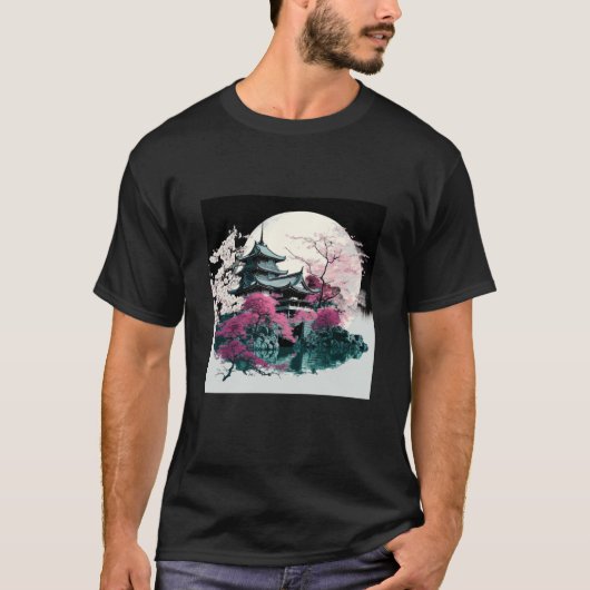Cherry Blossom Japanese Castle with Moon and Water T-Shirt (Vorderseite)