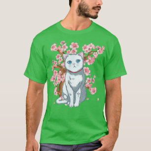 Cherry Blossom Japanisch Art White Cat T-Shirt