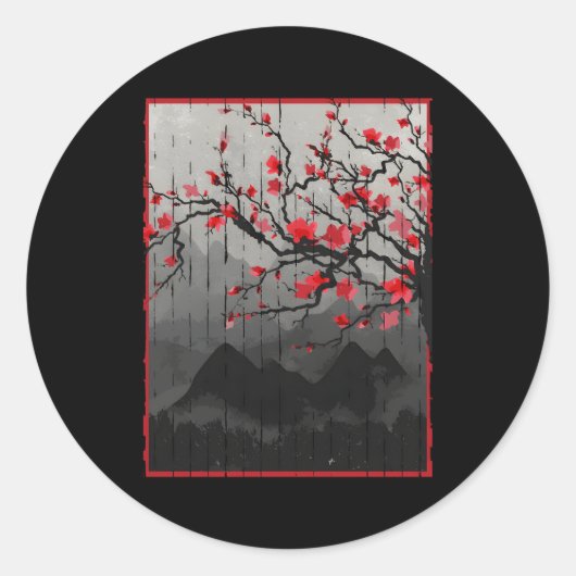 Cherry Blossom Japanischer Holzblock Runder Aufkleber (Vorderseite)