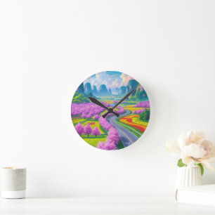 "Cherry Blossom Journey - Spring Road Wall Clock Runde Wanduhr