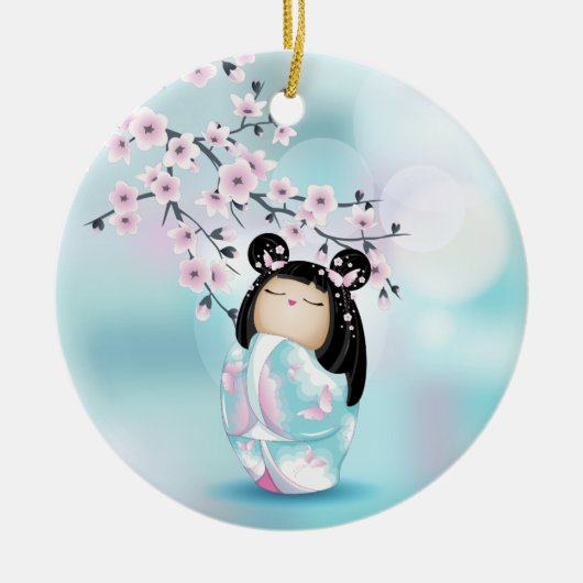 Cherry Blossom Kokeshi Doll Pink Türkis Keramik Ornament (Vorne)