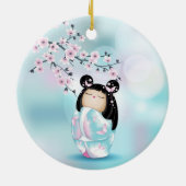 Cherry Blossom Kokeshi Doll Pink Türkis Keramik Ornament (Hinten)