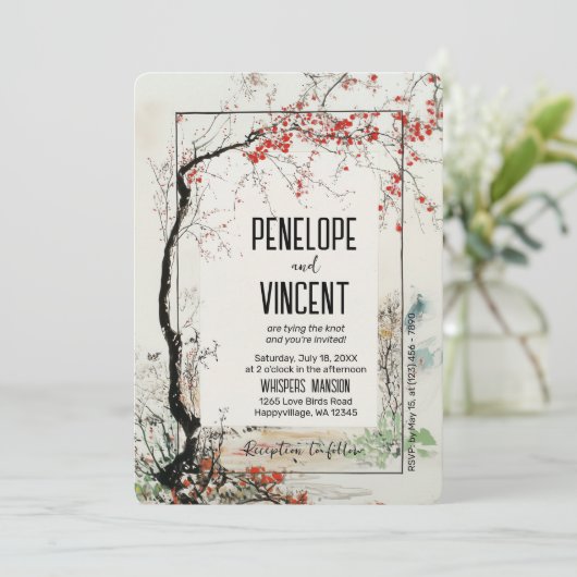 Cherry Blossom Kunstbaum Einladung (Stehend Vorderseite)