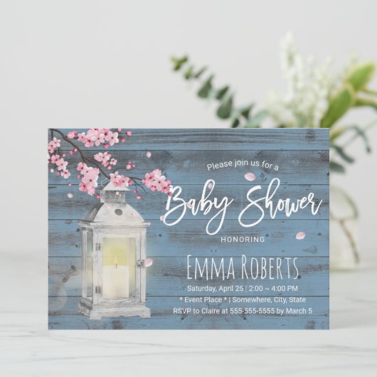 Cherry Blossom Lantern Dusty Blue Baby Dusche Einladung (Stehend Vorderseite)