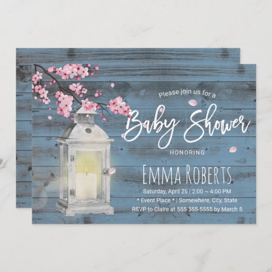 Cherry Blossom Lantern Dusty Blue Baby Dusche Einladung (Vorne/Hinten)