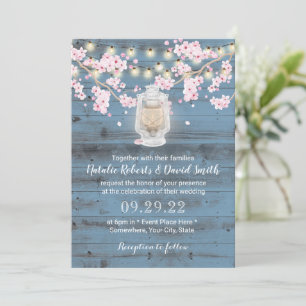 Cherry Blossom Lantern Dusty Blue Barn Wedding Einladung