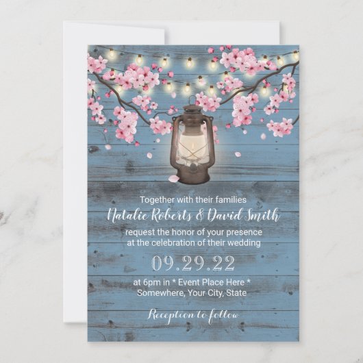 Cherry Blossom Lantern Dusty Blue Rustic Wedding Einladung (Vorderseite)