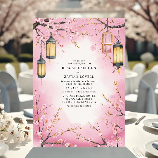 Cherry Blossom Lantern Pink Spring Wedding Einladung