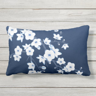 Cherry Blossom Navy Blue White Floral Kissen Für Draußen