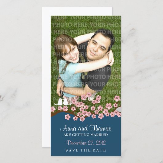 Cherry Blossom (Navy) Save the Date Foto (Vorne/Hinten)