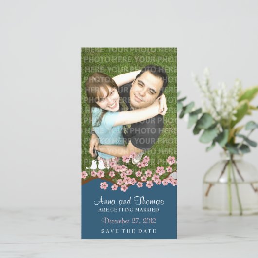 Cherry Blossom (Navy) Save the Date Foto (Stehend Vorderseite)