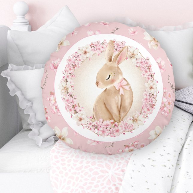 Cherry Blossom Niedlich Bunny Pink Kinderzimmer Rundes Kissen (Cherry Blossom Cute Bunny Pink Nursery Round Pillow)