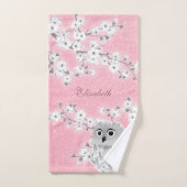 Cherry Blossom Owl White Pink Glitzer Monogram Badhandtuch Set (Handtuch)