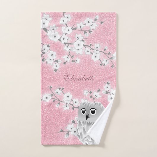 Cherry Blossom Owl White Pink Glitzer Monogram Badhandtuch Set (Handtuch)