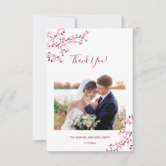 Cherry Blossom Photo Wedding Thank You Card Dankeskarte (Vorderseite)