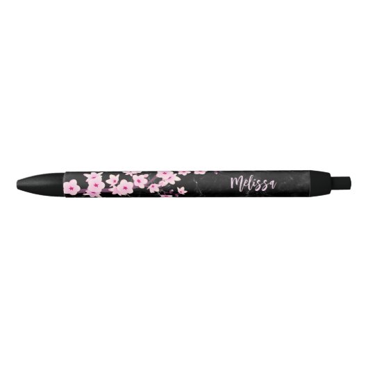 Cherry Blossom Pink Black Marble Monogramm Kugelschreiber (Vorderseite)