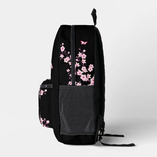 Cherry Blossom Pink Black Monogram Bedruckter Rucksack (Rechts)