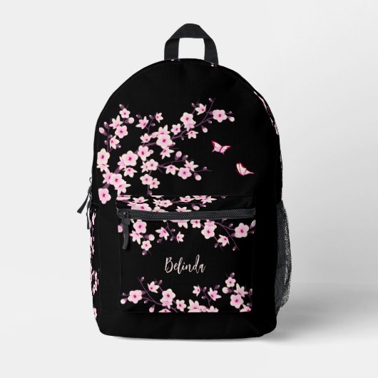 Cherry Blossom Pink Black Monogram Bedruckter Rucksack (Vorderseite)