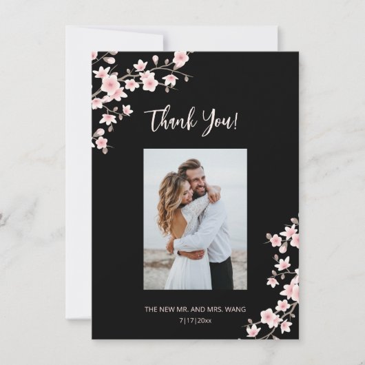 Cherry Blossom Pink Black Wedding Thank You Dankeskarte (Vorderseite)