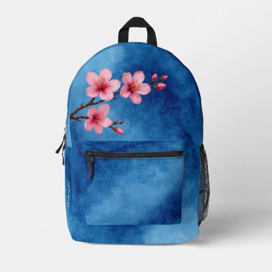 Cherry Blossom Pink Blue Monogram Bedruckter Rucksack (Vorderseite)