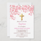 Cherry Blossom Pink Blumenkreuz Taufe Einladung (Vorderseite)