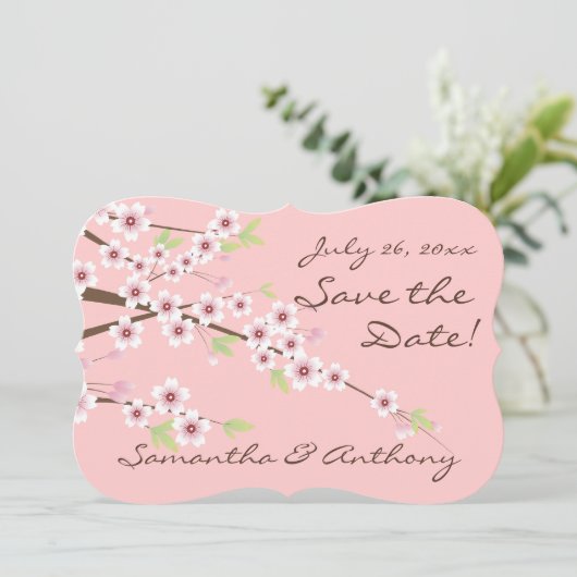 Cherry Blossom Pink/Brown Save the Date (Stehend Vorderseite)