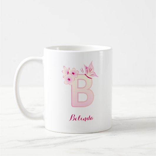 Cherry Blossom Pink Floral Initial Monogram Coff Kaffeetasse (Links)