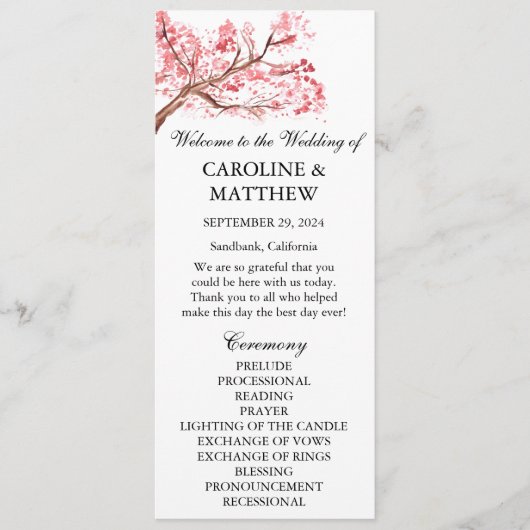 Cherry Blossom Pink Floral Wasserfarbe Hochzeit Programm (Vorderseite)