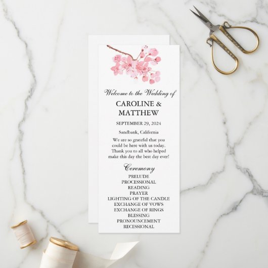 Cherry Blossom Pink Floral Wasserfarbe Hochzeit Programm (Vorderseite/Rückseite Beispiel)