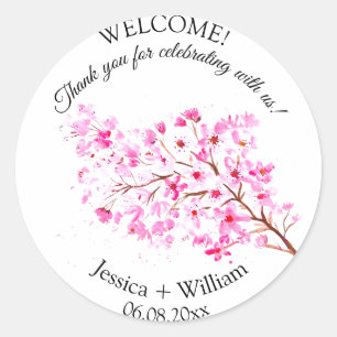 Cherry Blossom Pink Floral Wasserfarbe Hochzeit Runder Aufkleber