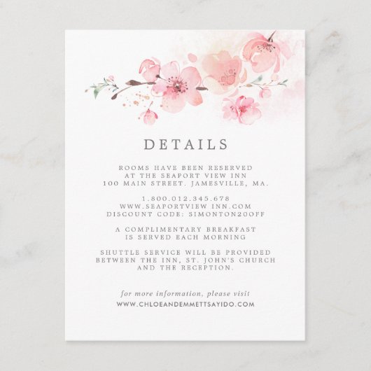 Cherry Blossom Pink Floral Wedding Details Begleitkarte (Vorderseite)