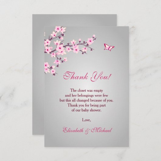Cherry Blossom Pink Gray Baby Dusche Vielen Dank Dankeskarte (Vorne/Hinten)