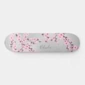 Cherry Blossom Pink Grey Asia Floral Monogram Skateboard (Horizontal)
