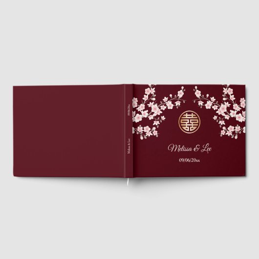 Cherry Blossom Pink Maroon Chinesische Hochzeit Gästebuch (Voll)