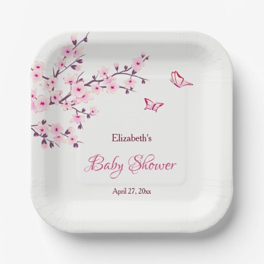 Cherry Blossom Pink White Baby Dusche Pappteller (Vorderseite)