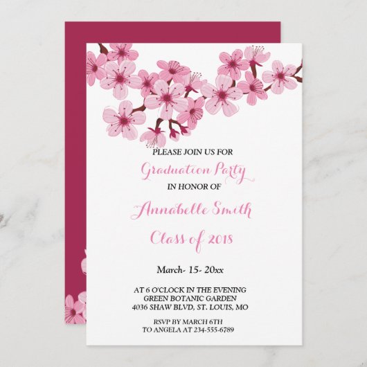 Cherry Blossom Pink White Bloral Graduation Party Einladung (Vorne/Hinten)