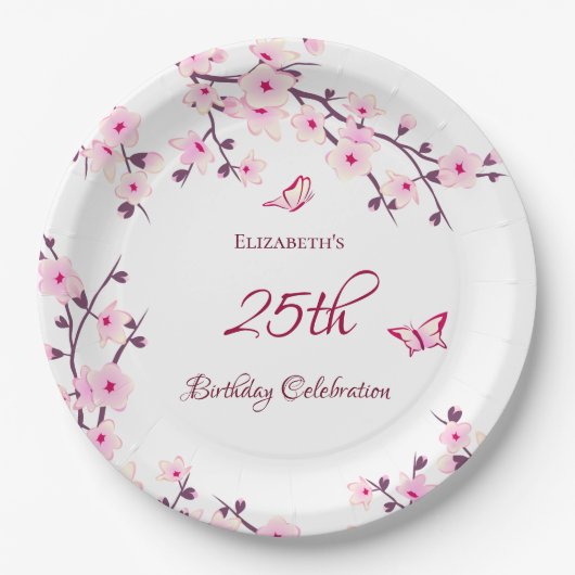 Cherry Blossom Pink White Custom Geburtstag Pappteller (Vorderseite)