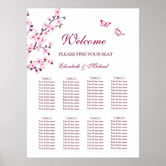 Cherry Blossom Pink White Wedding Chart Poster (Vorne)
