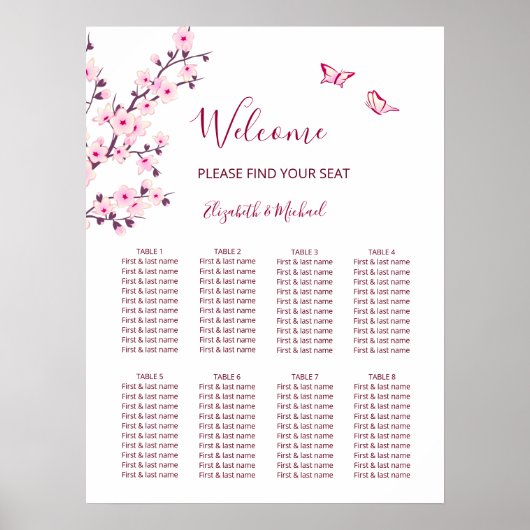 Cherry Blossom Pink White Wedding Chart Poster (Vorne)