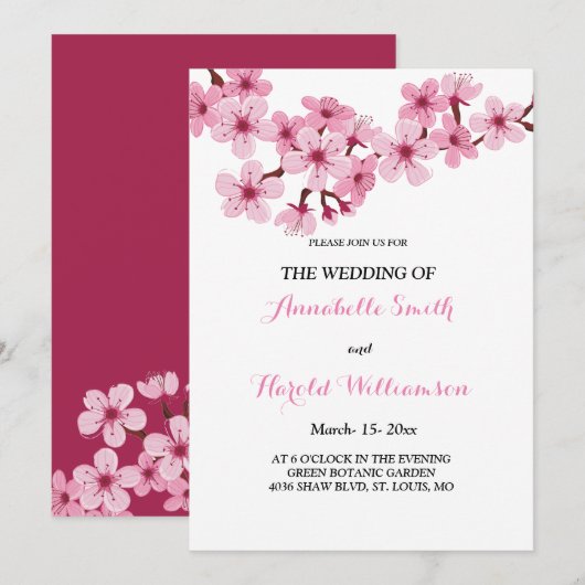 Cherry Blossom Pink White Wedding Einladung (Vorne/Hinten)