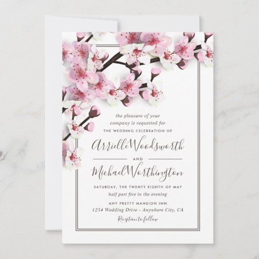 Cherry Blossom Pink White Wedding Einladungen (Vorderseite)