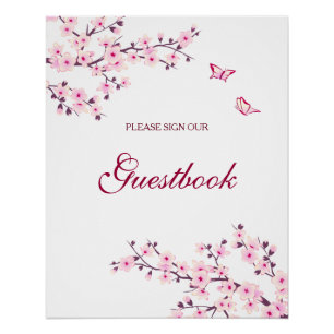 Cherry Blossom Pink White Wedding Guestbook Poster