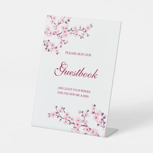Cherry Blossom Pink White Wedding Guestbook Sockelschild (Vorderseite)
