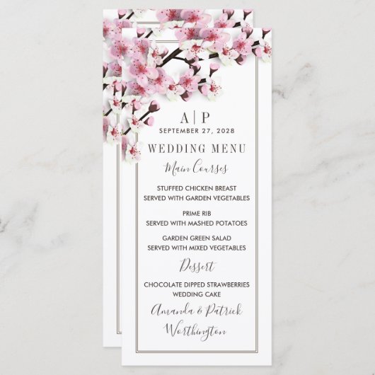 Cherry Blossom Pink White Wedding Menu Cards Menükarte (Vorne/Hinten)
