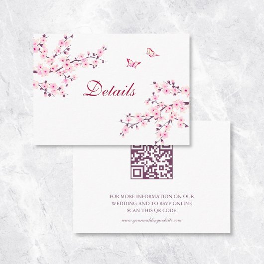 Cherry Blossom Pink White Wedding QR Code Details Begleitkarte