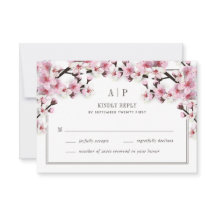 Cherry Blossom Pink White Wedding RSVP Cards